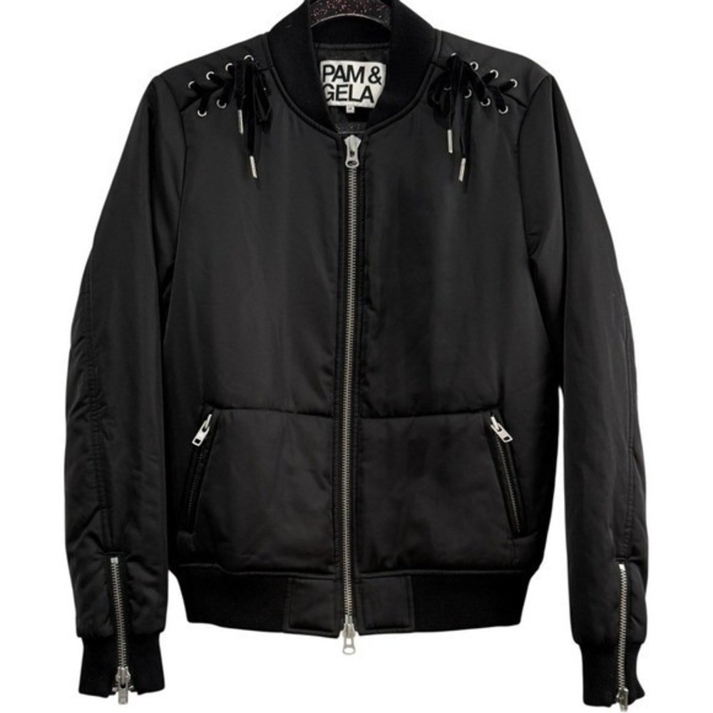 PAM‎ & GELA Black Velvet Lace Up Corset Style Bomber Moto Jacket Medium